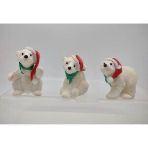 Vintage Lot Of 3 Christmas Flock Plastic Santa Hat Polar Bears Ornaments *READ